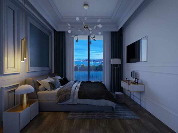 A bedroom with a large window Description automatically generated